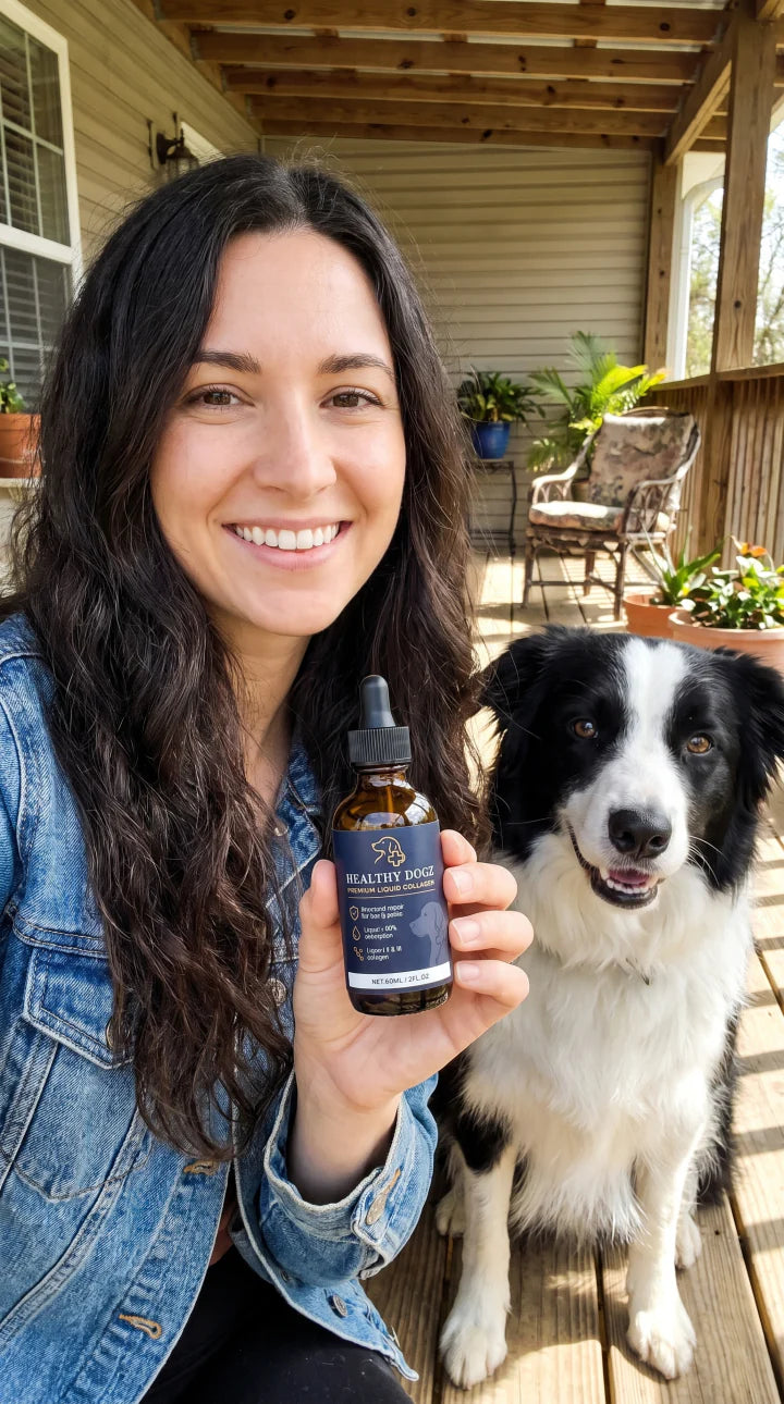 Dog owner on a porch with a border collie holding Healthy Dogz liquid collagen