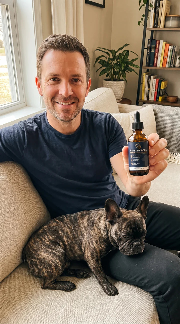 Dog owner on a couch with a French bulldog holding Healthy Dogz liquid collagen