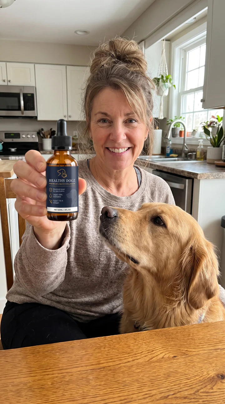 Happy dog owner in a kitchen with a golden retriever holding Healthy Dogz liquid collagen