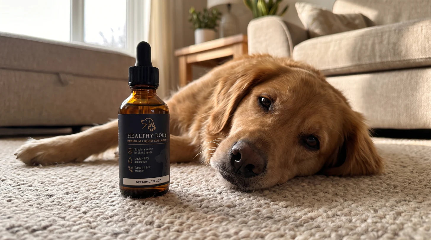 Relaxed golden retriever resting next to a Healthy Dogz liquid collagen bottle