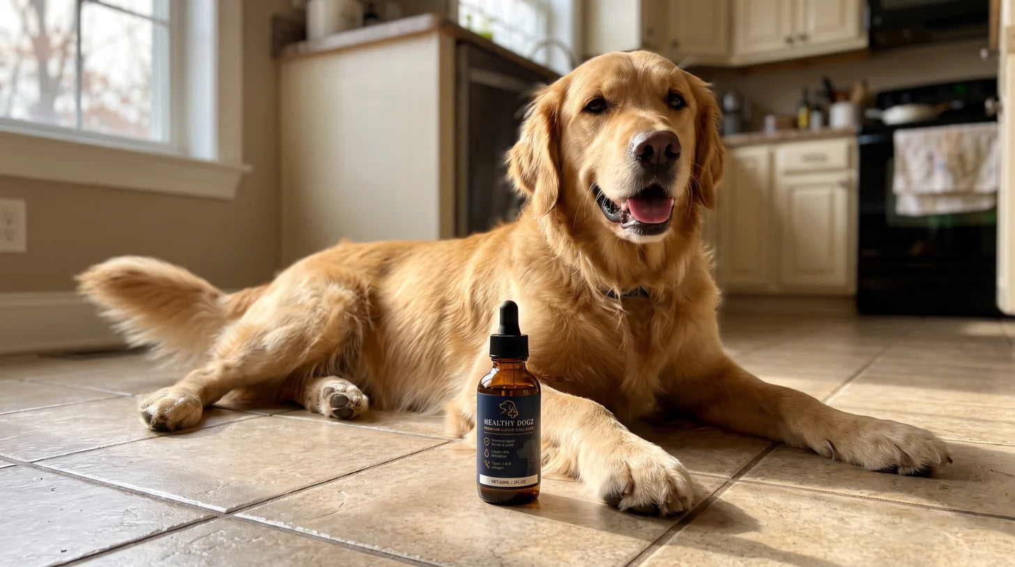 Happy golden retriever on a kitchen floor with a Healthy Dogz liquid collagen bottle