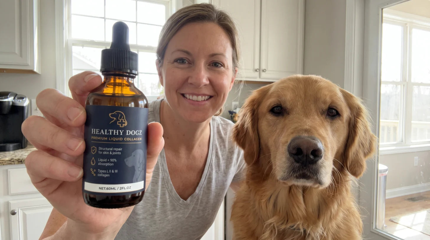Dog owner in a kitchen with a golden retriever holding Healthy Dogz liquid collagen