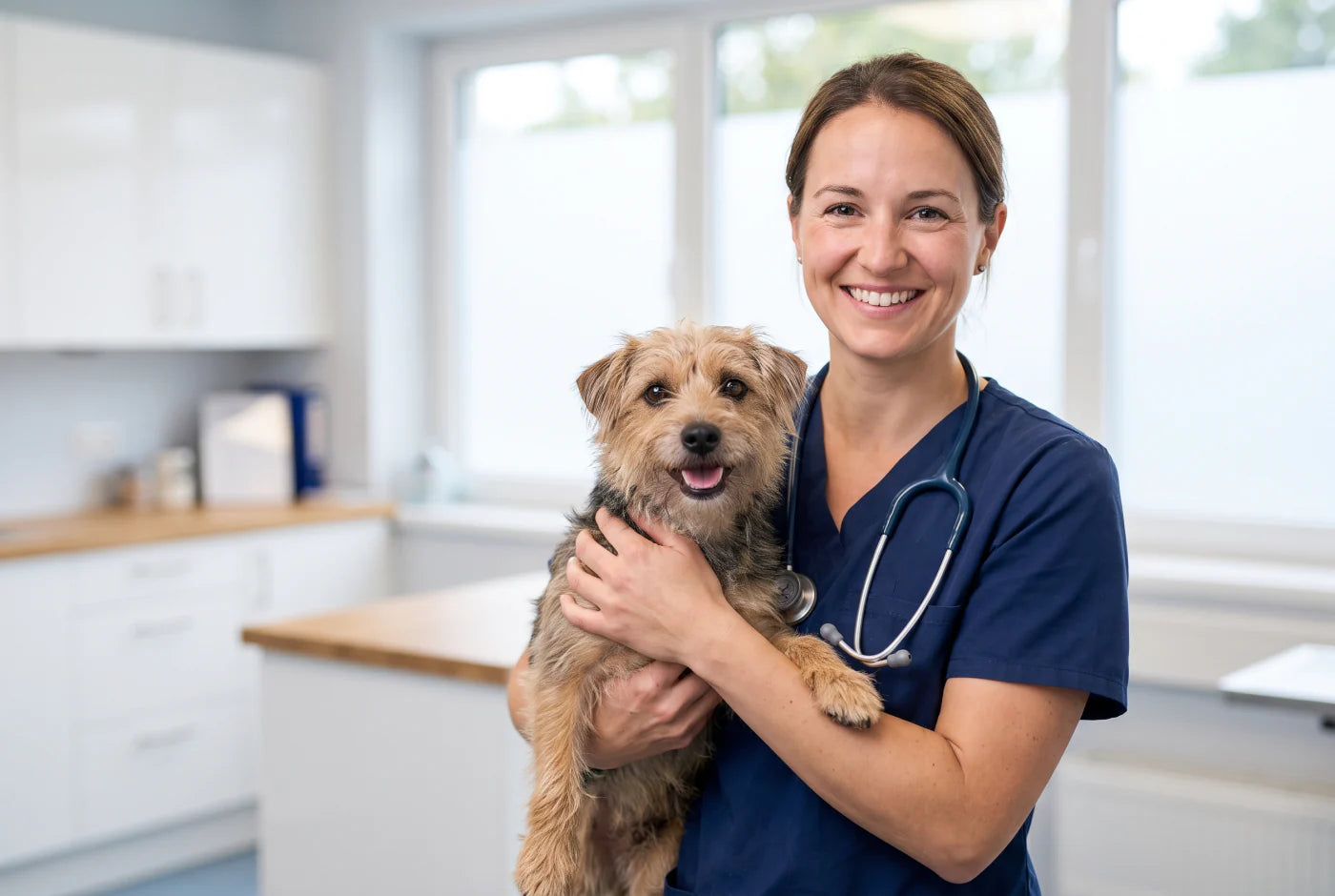 Veterinarian holding a happy dog — Healthy Dogz liquid collagen recommended by vets